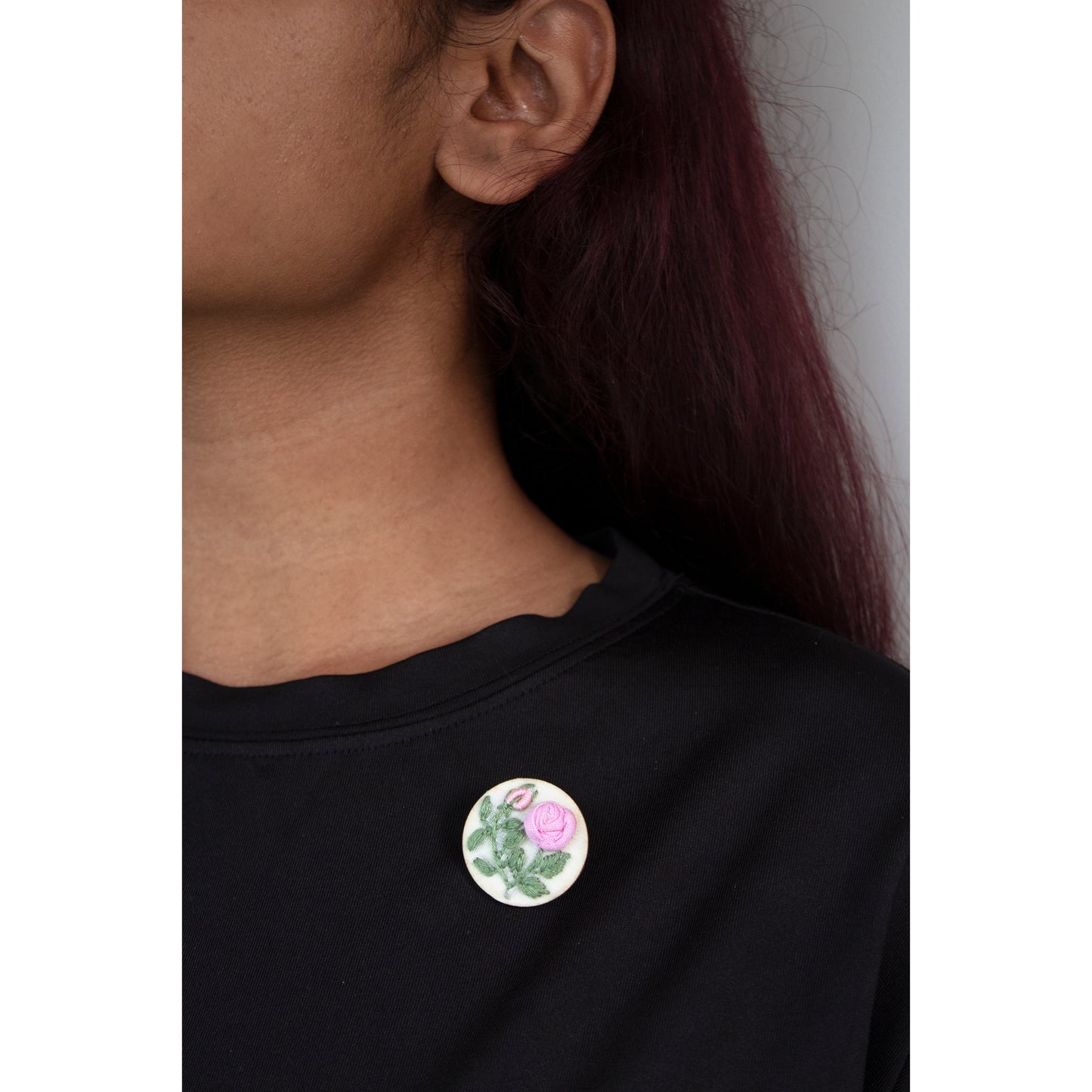 Light Pink Rose Branch Bud Round Brooch Pin