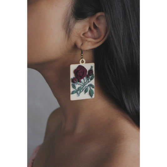 Dark Red Rose Branch Rectangular Earrings