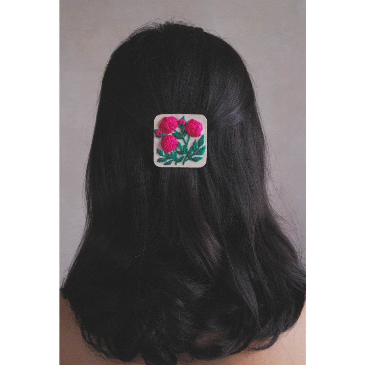 Deep Pink Rose Branch Rectangular Alligator Hair Clip