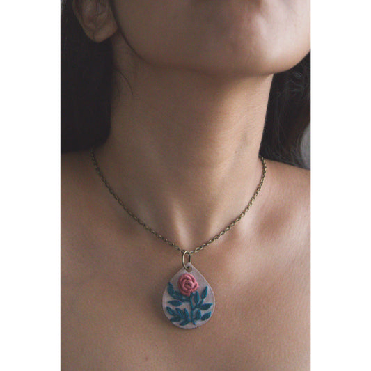 Mauve Rose Branch Drop-Shape Necklace