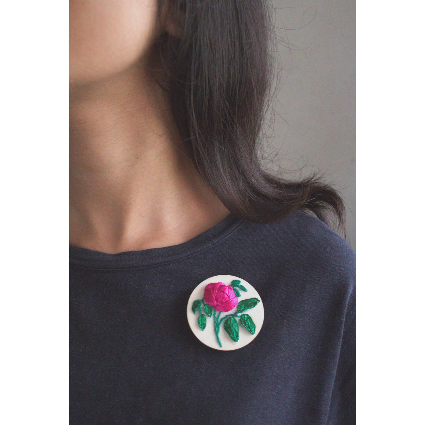 Deep Pink Ribbon Rose Branch Circular Brooch Pin