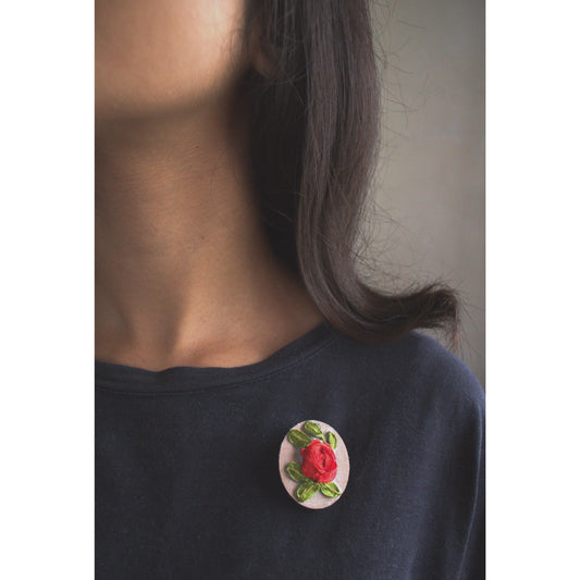 Red Ribbon Rose Branch Oval Brooch Pin