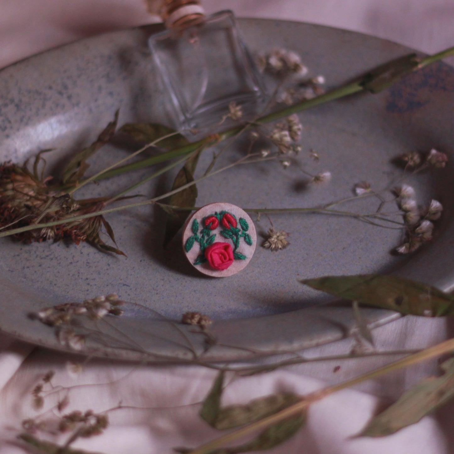 Deep Pink Rose Branch Circular Adjustable Ring