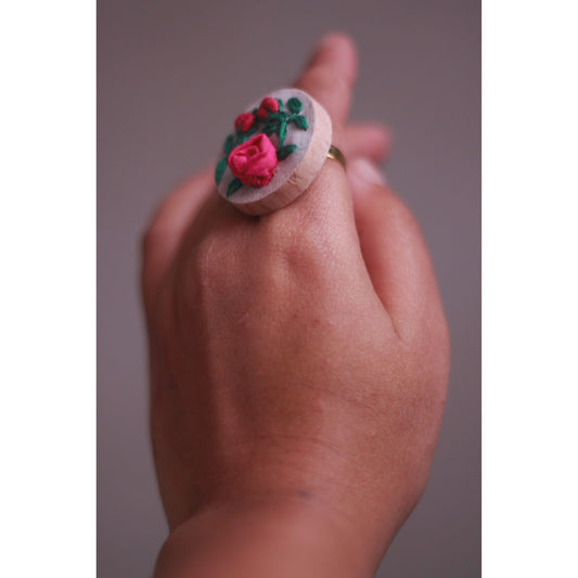 Deep Pink Rose Branch Circular Adjustable Ring