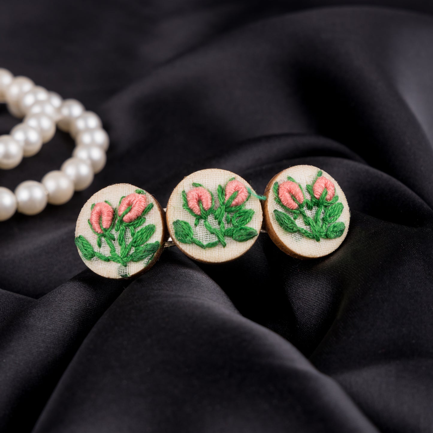 Peach Rose Buds Branch Triple Round Hair Barrette