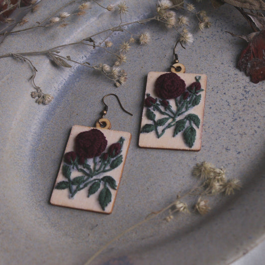 Dark Red Rose Branch Rectangular Earrings