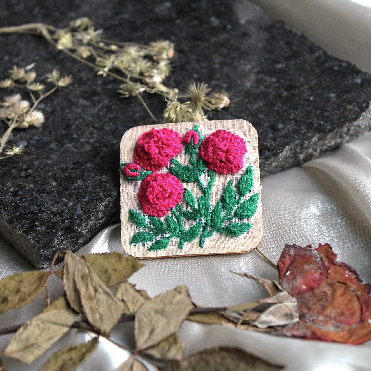 Deep Pink Rose Branch Rectangular Alligator Hair Clip