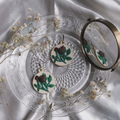 Maroon Rose Bud Circular Earrings