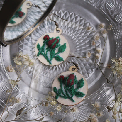 Maroon Rose Bud Circular Earrings