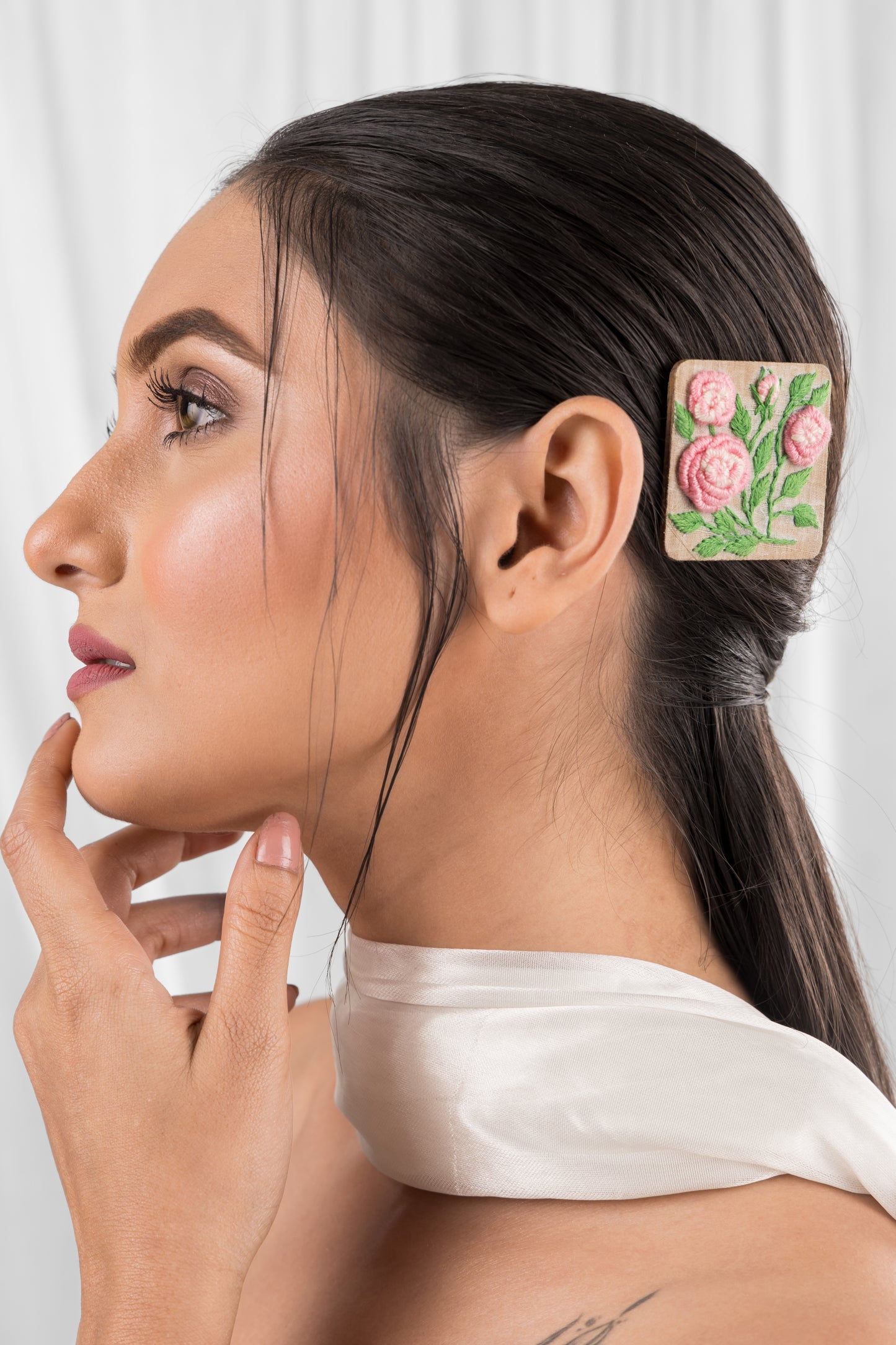 Light Pink Gradient Rose Branch Rectangular Alligator Hair Clip