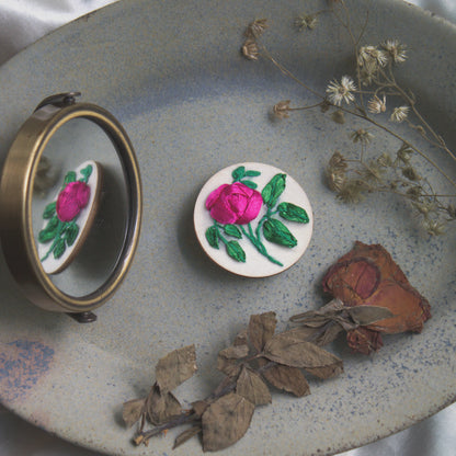 Deep Pink Ribbon Rose Branch Circular Brooch Pin