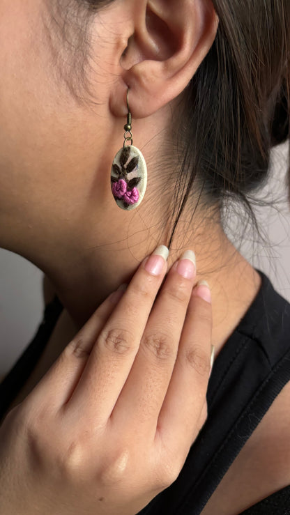 Magenta Rose Vine Hollow Oval Earrings