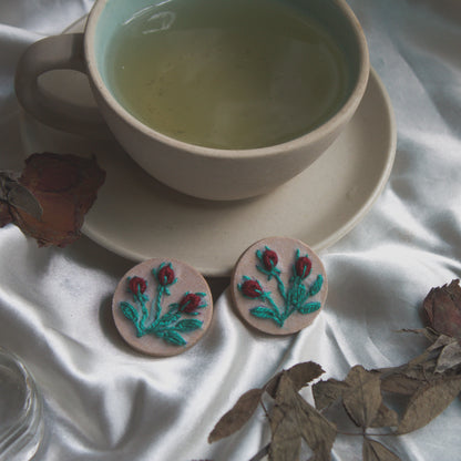 Maroon Triple Rose Buds Round Ear Studs