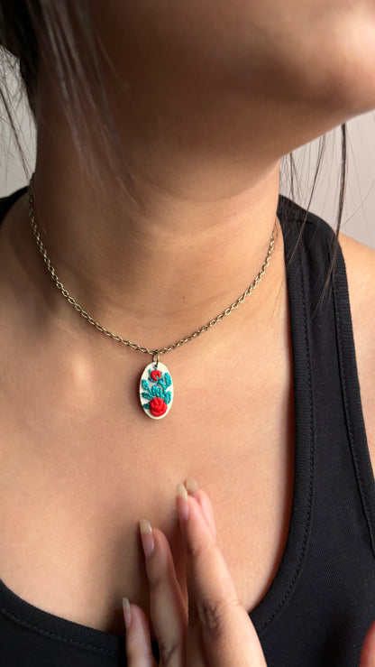 Red Rose Vine Hollow Oval Necklace