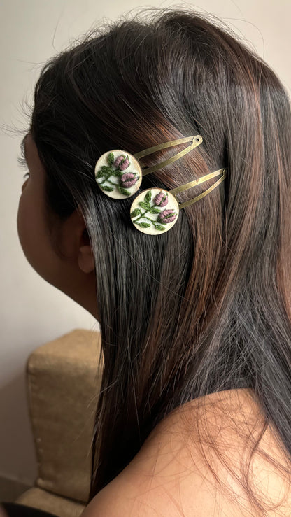 Dark Mauve Rose Bud Round Tic-Tac Hair Clips Set