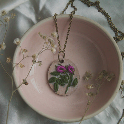 Purple Rose Bud Branch Oval Necklace