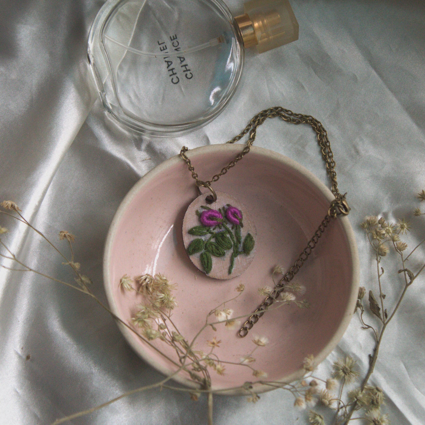 Purple Rose Bud Branch Oval Necklace