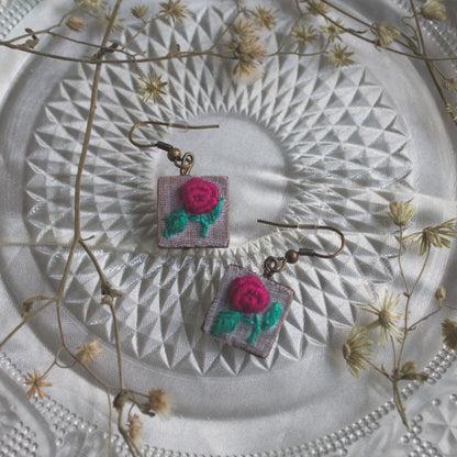 Deep Pink Rose Branch Square Earrings