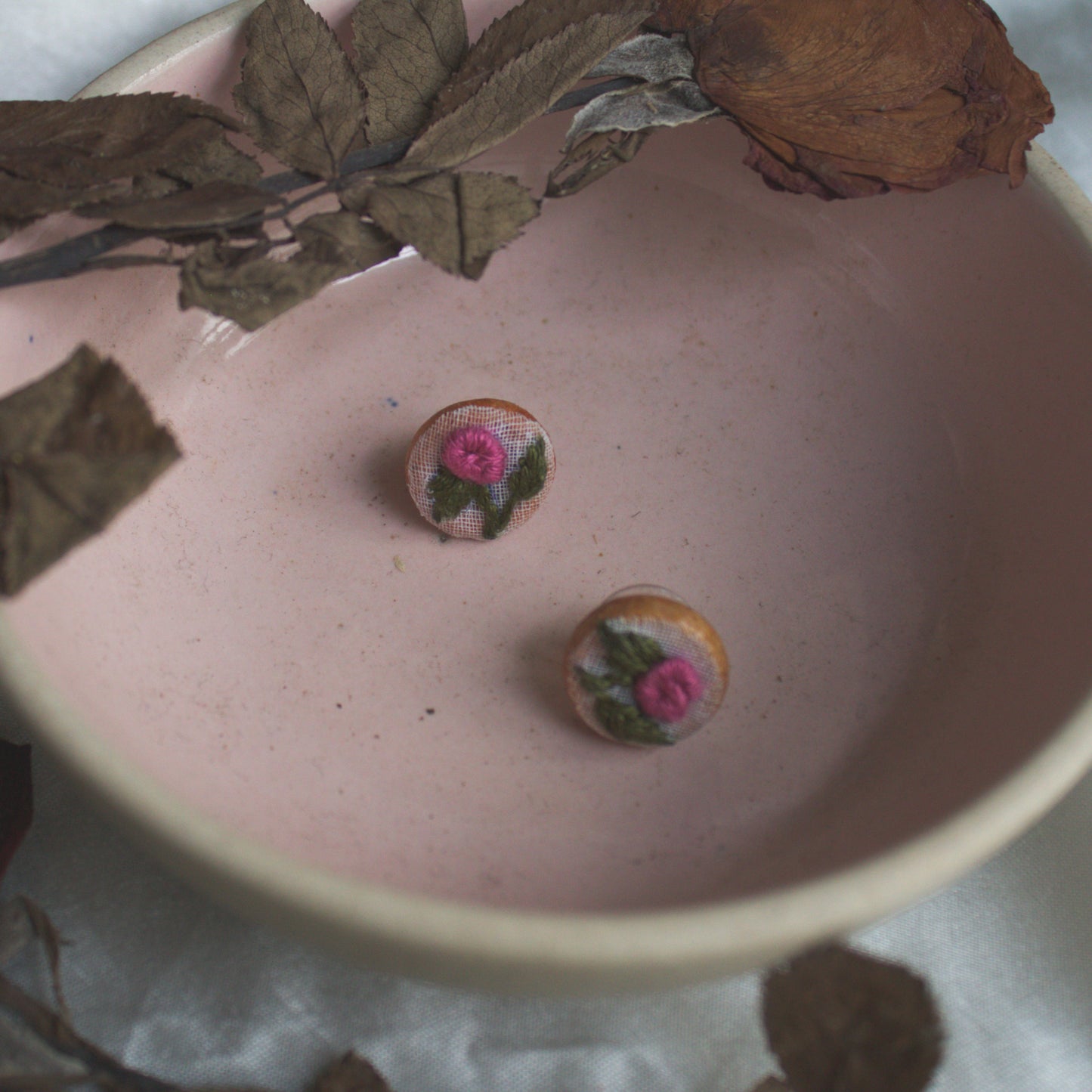 Pink Rose Branch Tiny Round Ear Studs