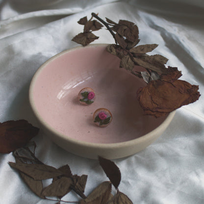 Pink Rose Branch Tiny Round Ear Studs