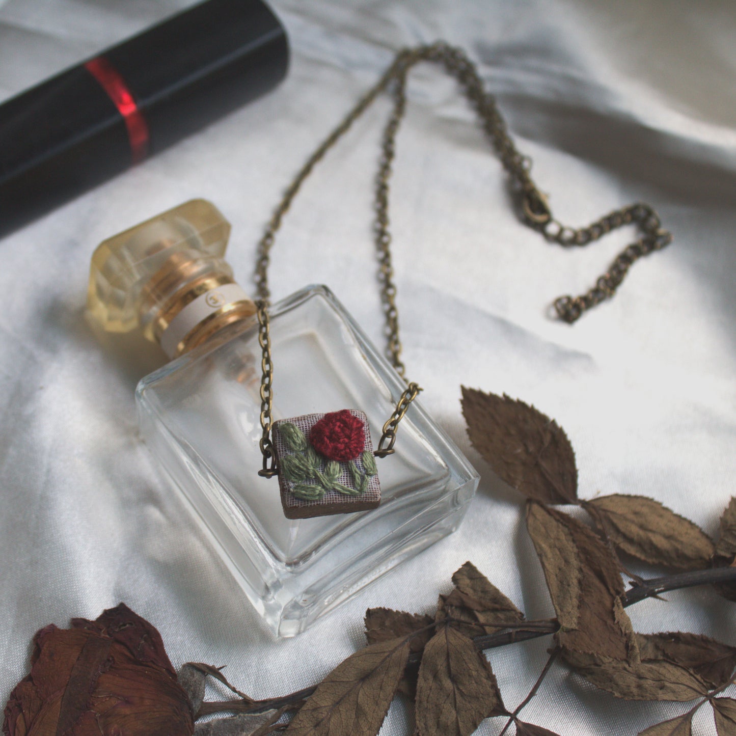 Maroon Rose Branch Square Necklace