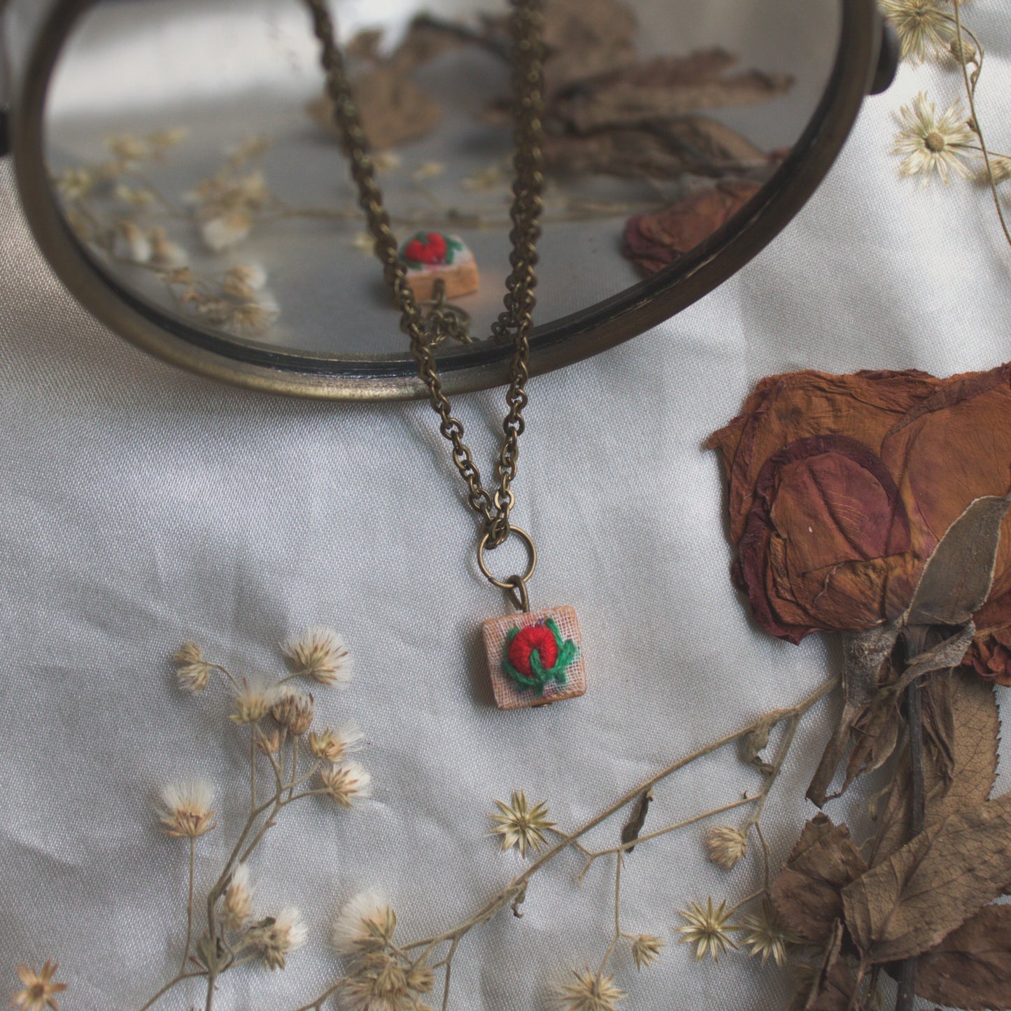 Red Rose Bud Tiny Square Necklace