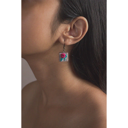 Deep Pink Rose Branch Square Earrings