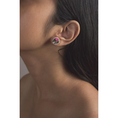 Pink Rose Branch Tiny Round Ear Studs