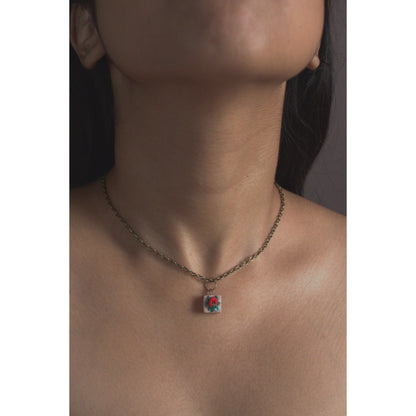 Red Rose Bud Tiny Square Necklace