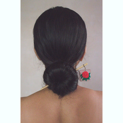 Bright Red Rose Branch Square Hair Stick