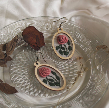 Peach Rose Branch Oval Frame Earrings