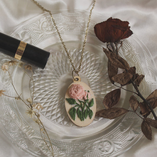 Light Peach Rose Branch Oval Necklace