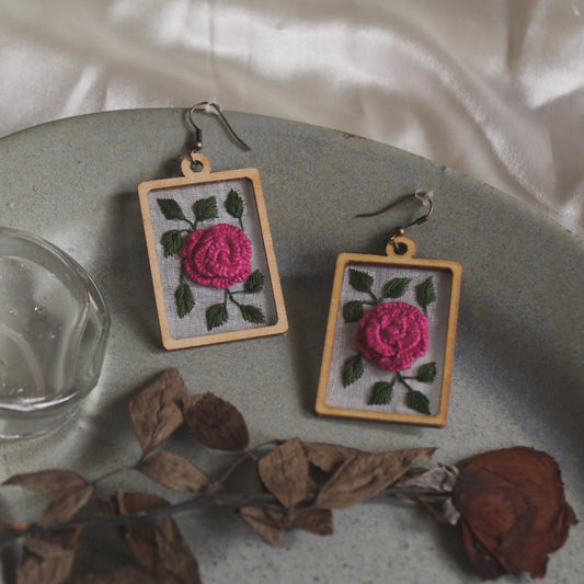 Pink Rose Branch Rectangular Frame Earrings