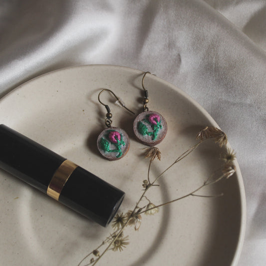 Pink Rose Bud Branch Round Earrings