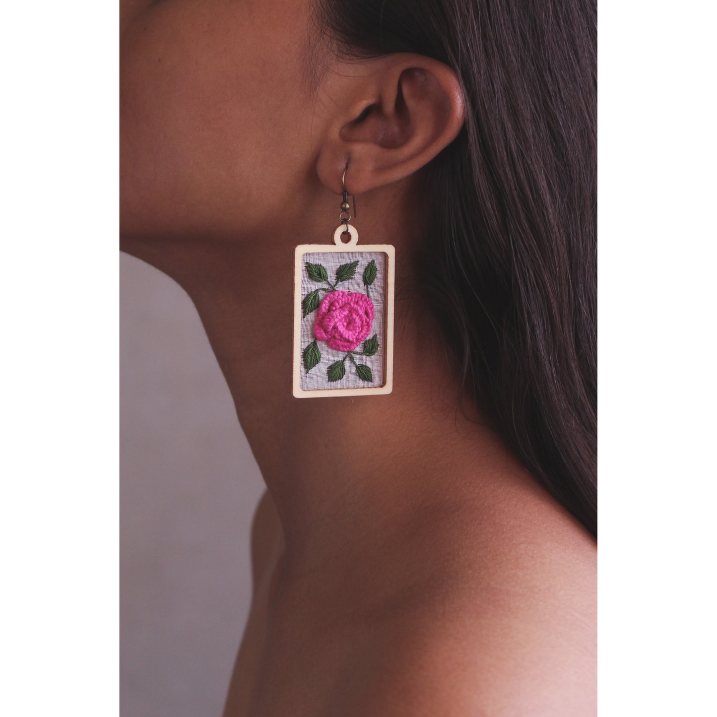 Pink Rose Branch Rectangular Frame Earrings