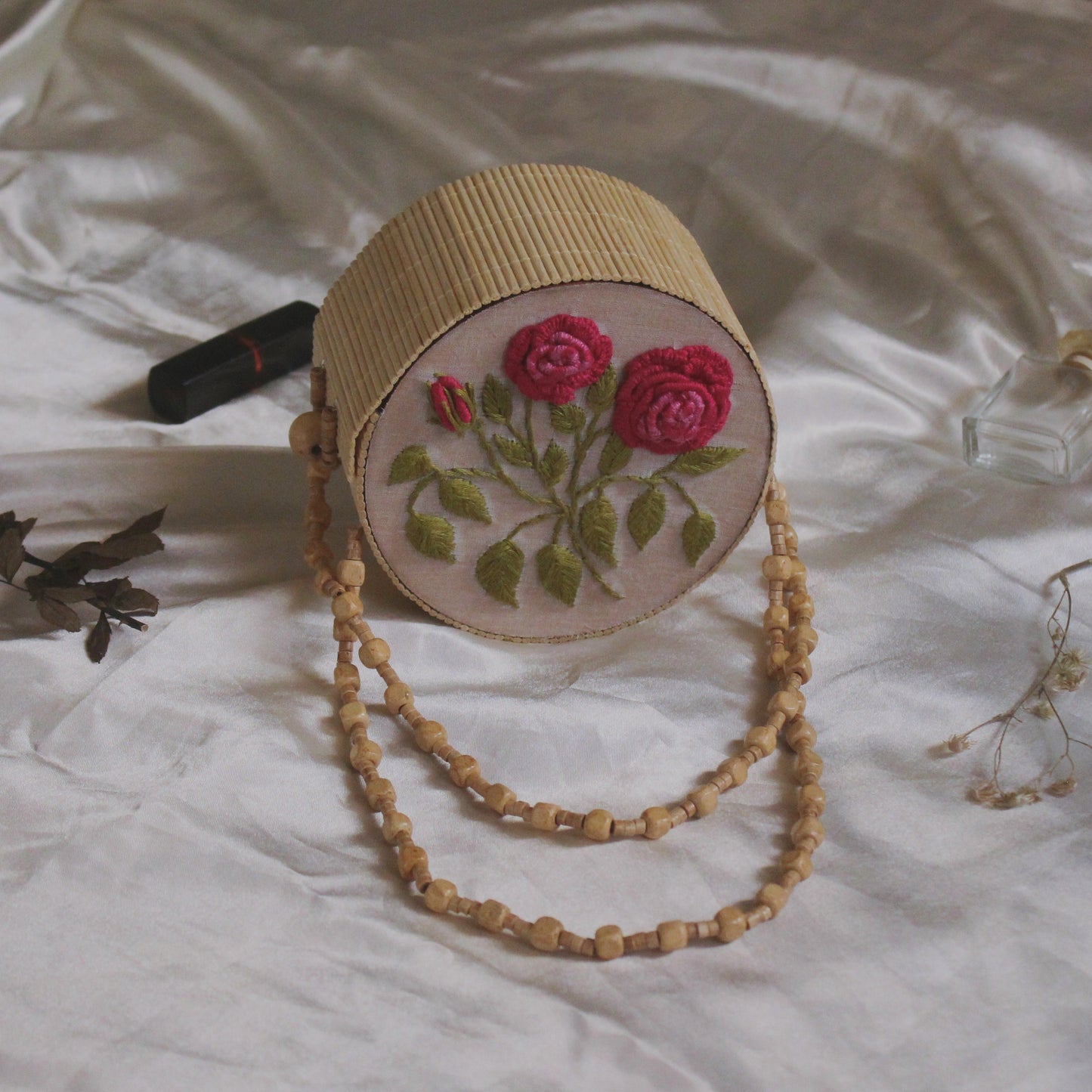 Dark Pink Gradient Rose Branch Round Handbag