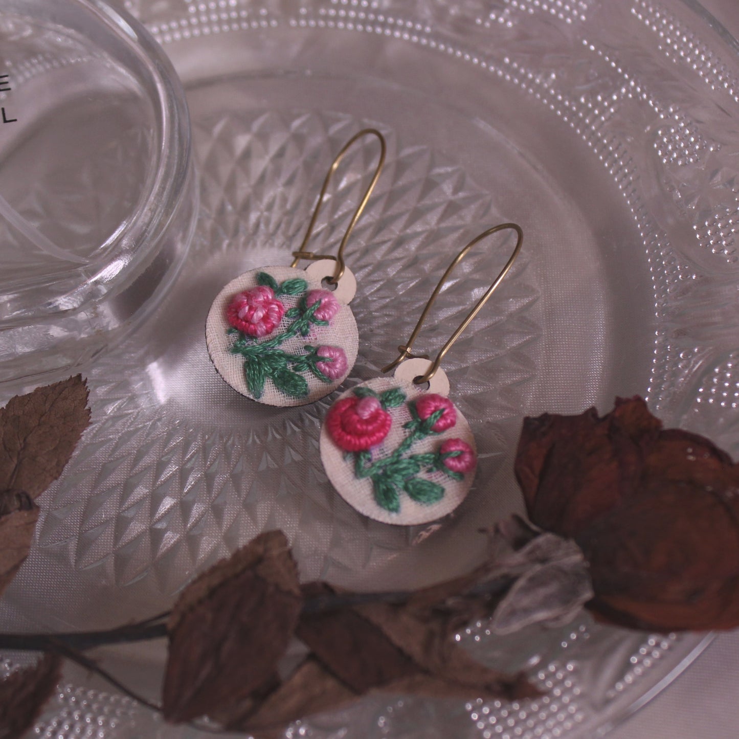 Pink Gradient Rose Branch Round Earrings