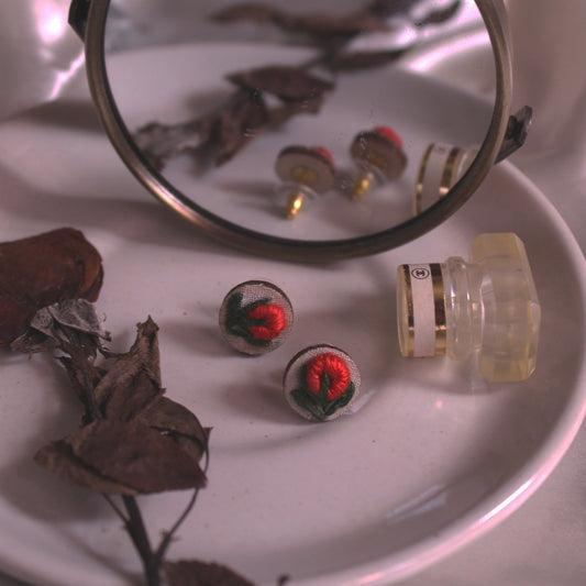 Red Rose Bud Tiny Round Ear Studs