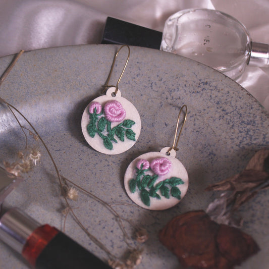 Light Pink Rose Branch Round Earrings