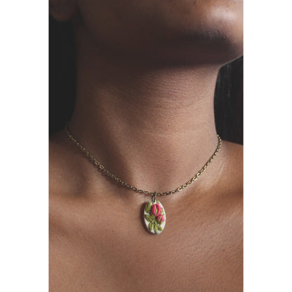 Peach Rose Buds Branch Oval Hollow Necklace
