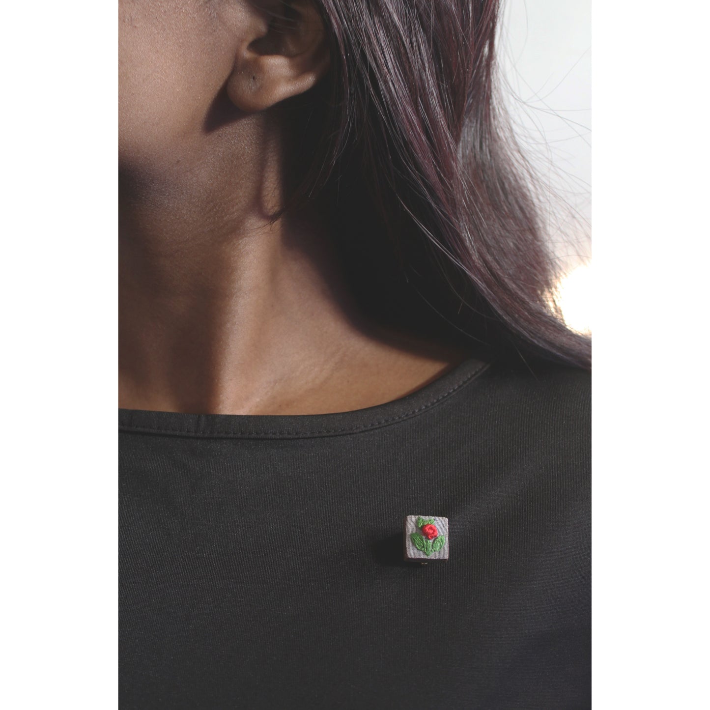 Red Rose Branch Square Brooch Pin