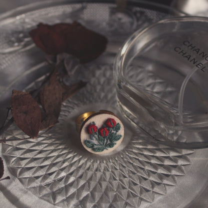 Dark Red Rose Buds Branch Round Adjustable Ring