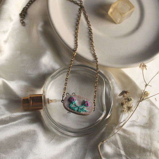 Magenta Rose Buds Oval Necklace