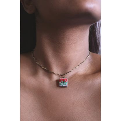 Red Rose Double Buds Branch Square Necklace