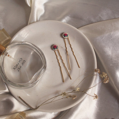 Deep Pink Rose Tiny Round Hair Pins Set