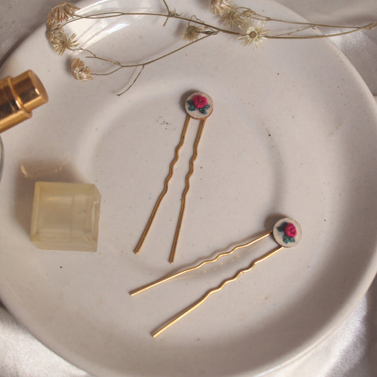 Deep Pink Rose Tiny Round Hair Pins Set