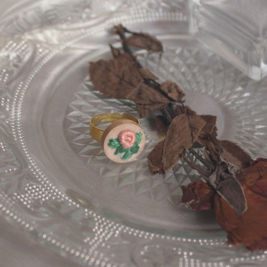 Soft Peach Rose Branch Small Round Adjustable Ring