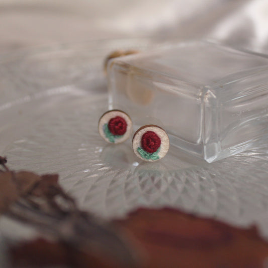 Maroon Rose Branch Tiny Round Ear Studs