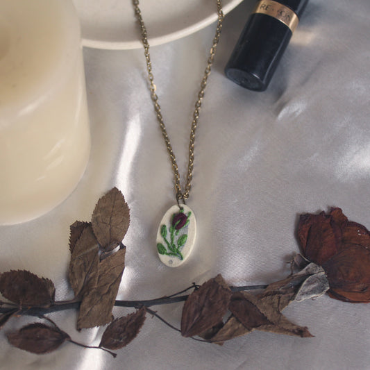 Wine Red Rose Bud Branch Hollow Oval Necklace