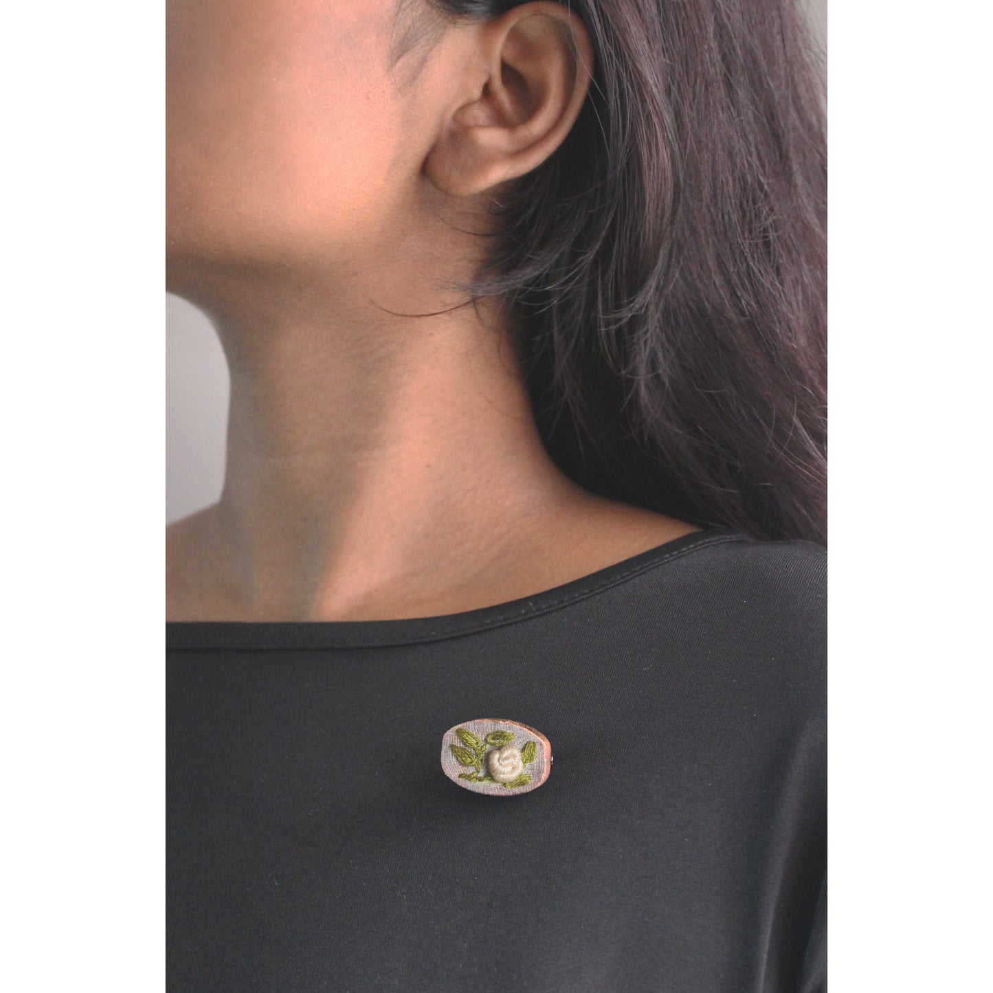 Cream Rose Branch Oval Brooch Pin